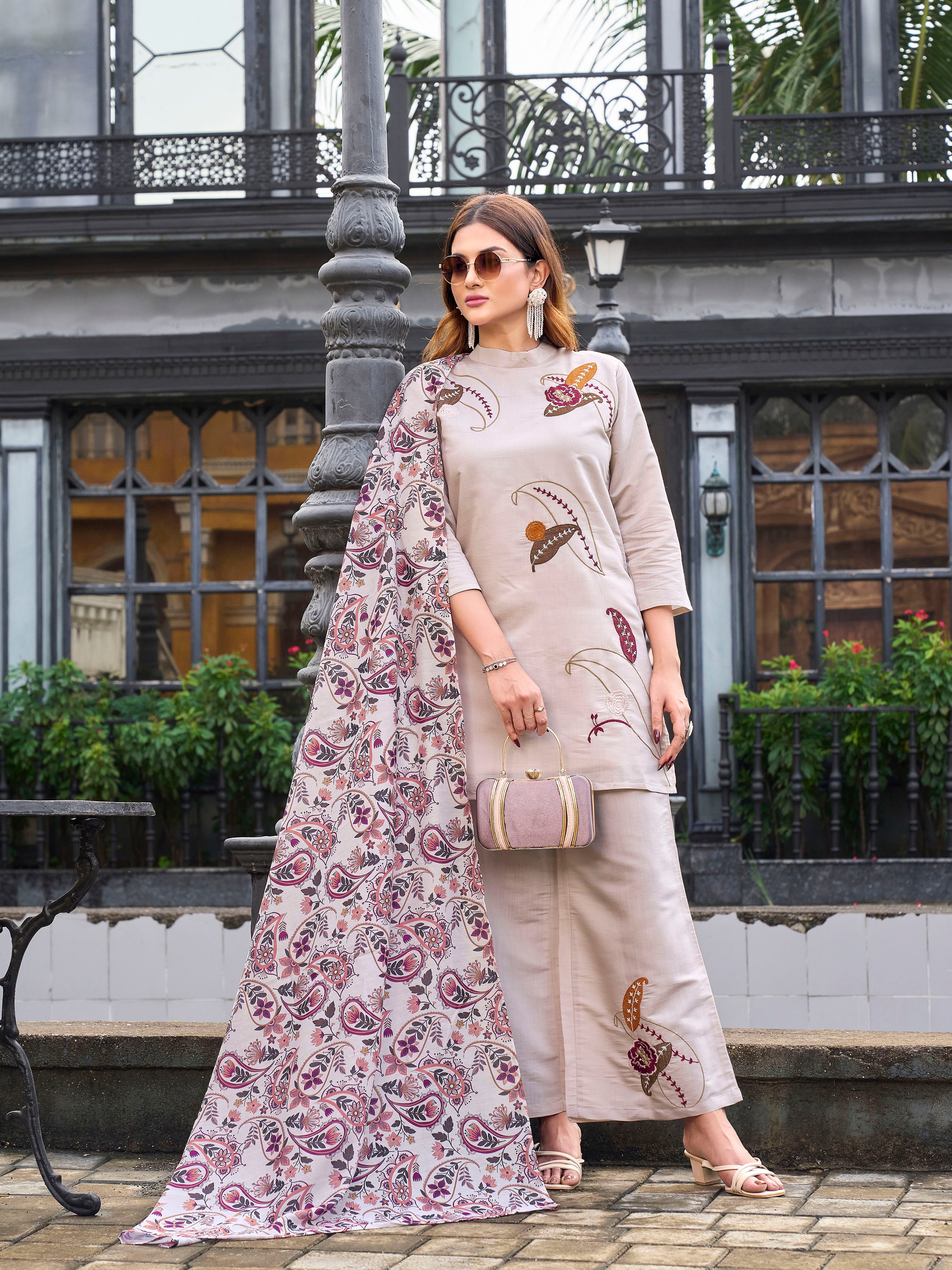 Beige color silk blend with thread embroidered kurta & palazzo with printed dupatta set